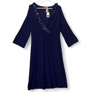 Boden Navy Blue Wool Dress with Paillette Sequin V-Neck Detail